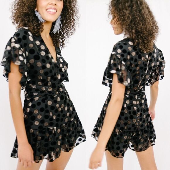 SAYLOR Revolve Black Burnout Velvet Polka Dot Roxanne Romper Sz M - Picture 1 of 8